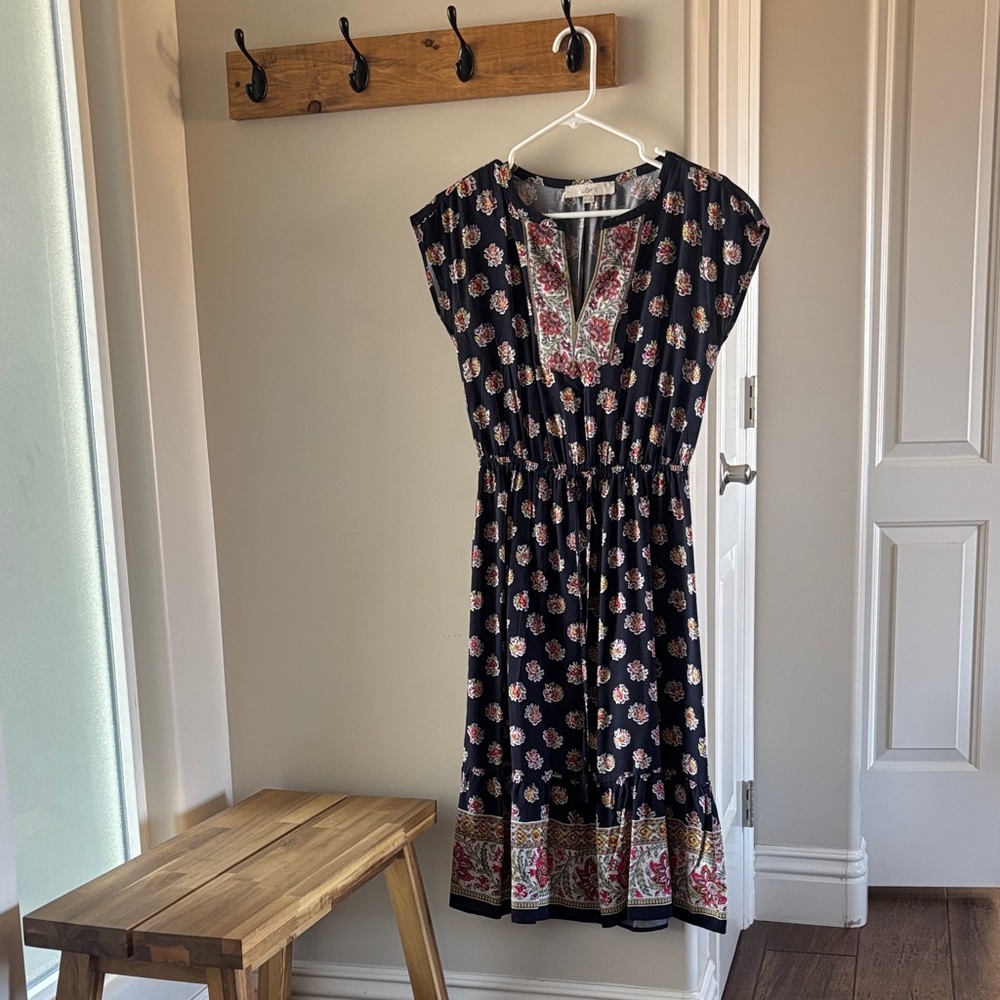 LOFT Black Floral Midi Dress